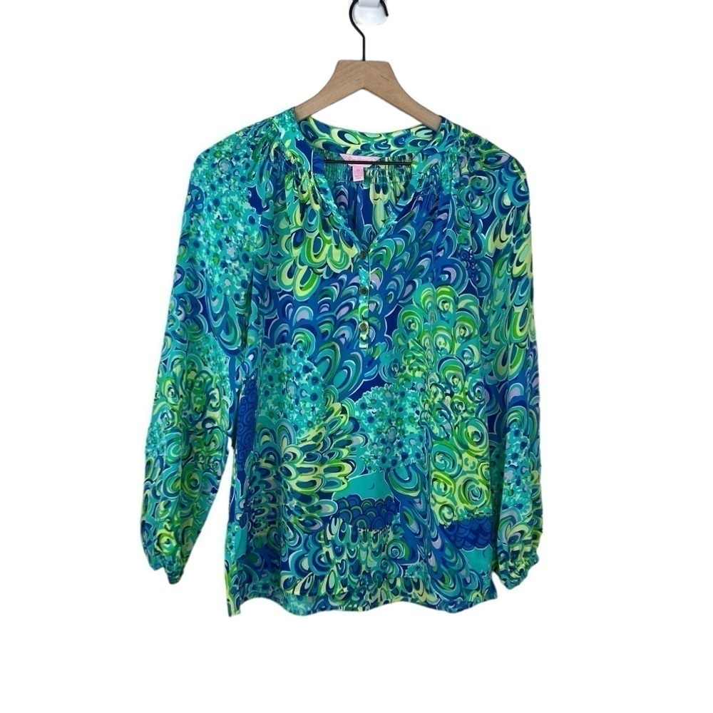 Lilly Pulitzer Elsa Silk Top Sea Blue Lillys Lagoon